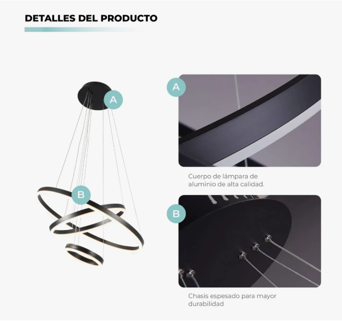 Miniatura 2 de Lampara De Techo Colgante 3 Anillos Negr